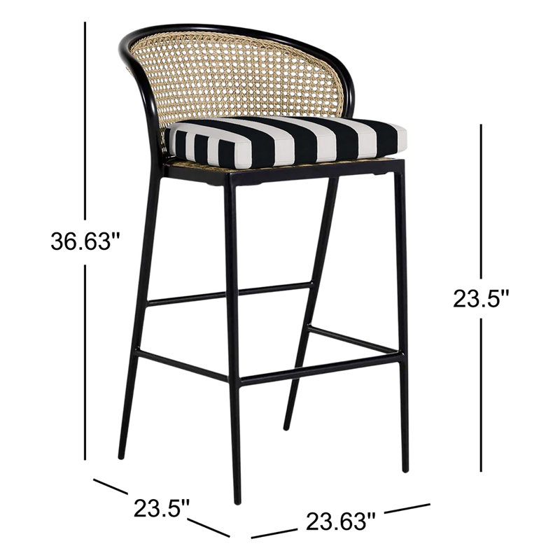 Havana 23.63 Patio Bar Stool with Cushion, No Welt, Chalk/Natural Cane, Perigold Linnaeus Indigo