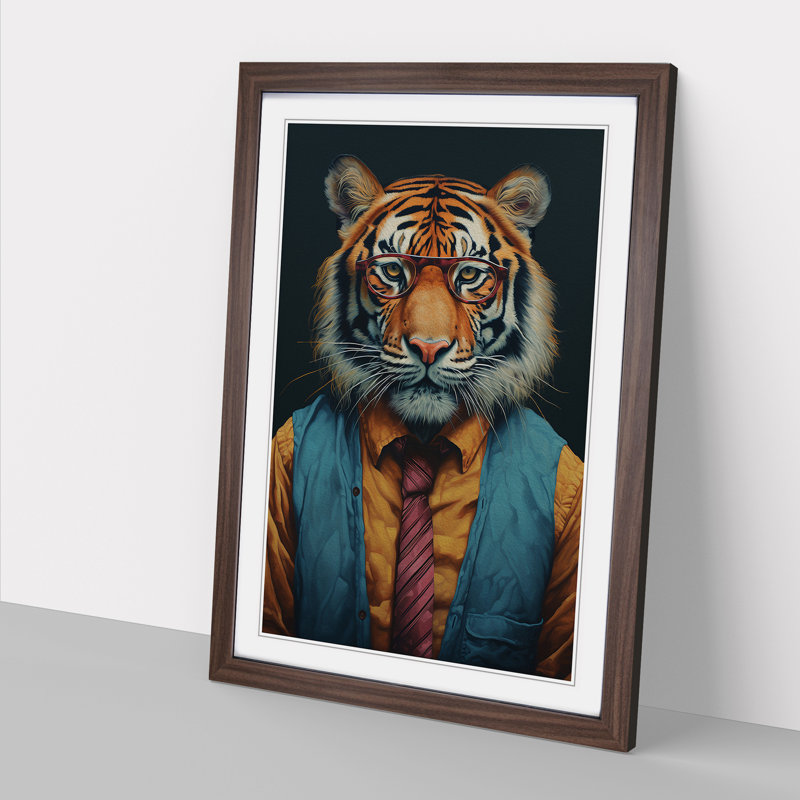 XYZ-FRM-V1223-1639 Tiger With Glasses Painting - Single Picture Frame Print on Wood, 34cm H x 25cm W x 2cm D, Walnut