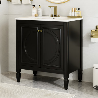 Meuble-lavabo noir de 76 cm (30 po) avec tiroir spacieux. Bois véritable et matériaux nobles, lavabo en céramique et grand meuble-lavabo, style vintage. Finition, construction et trop-plein inclus.
