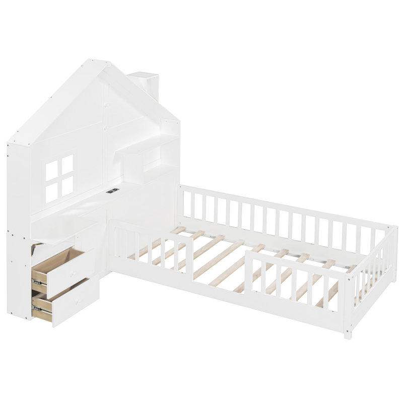 Lit simple blanc avec fenêtre, tiroirs de rangement de chevet, douilles et tablette dans une étagère d'interface