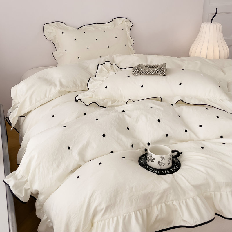 Cute Polka Dot Ruffles Microfiber Duvet Cover Set, White,  King Duvet Cover + 2 King Pillowcases