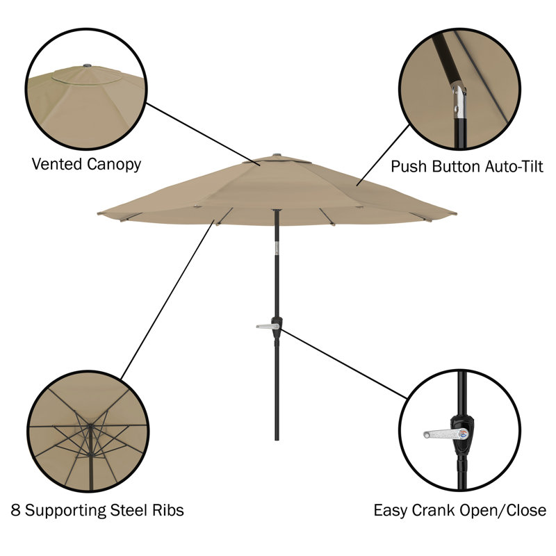 Okemo 8-Piece Outdoor Dining Set with Acacia Wood Table, 6 Cushioned Chairs, and 10-Foot Auto-Tilt Umbrella in Sand - Weather-Resistant, Natural Wood Finish, Ideal for Patio and Garden
