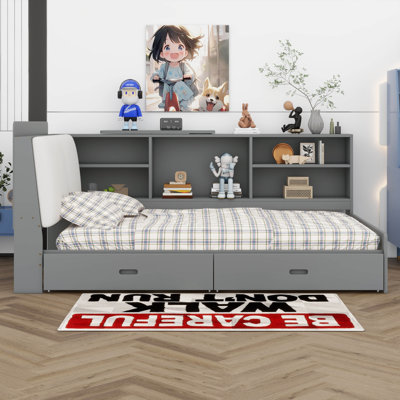 Lit plateforme simple en bois avec tête de lit et tablettes de rangement, cadre de lit multiple avec 2 tiroirs et support à lattes