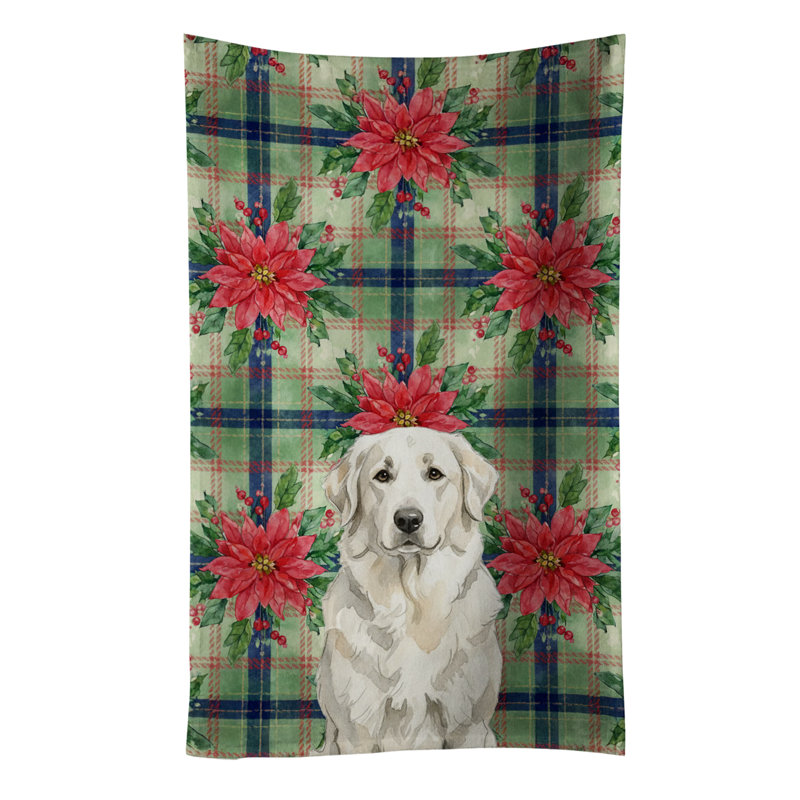 White Great Pyrenees Christmas PoinsettIas Kitchen Towel, White Great Pyrenees