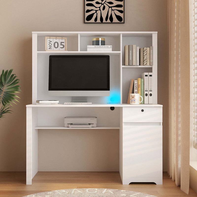 Computer Desk With Hutch & Bookshelf, Executive Desk Teens Student Desk Writing Laptop Home Office Desk With Drawers,3 AC Outlets And 2 USB Charging Ports,Study Laptop Table For Home
