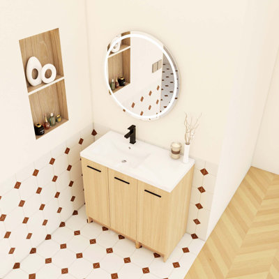 36" Modular Freestanding Bathroom Vanity with 36" Resin Sink Top, Light Oak, 2-Piece Cabinet (24" 2-Door + 12" 1-Door), KD Cabinet, Includes Black & Brushed Aluminum Handles