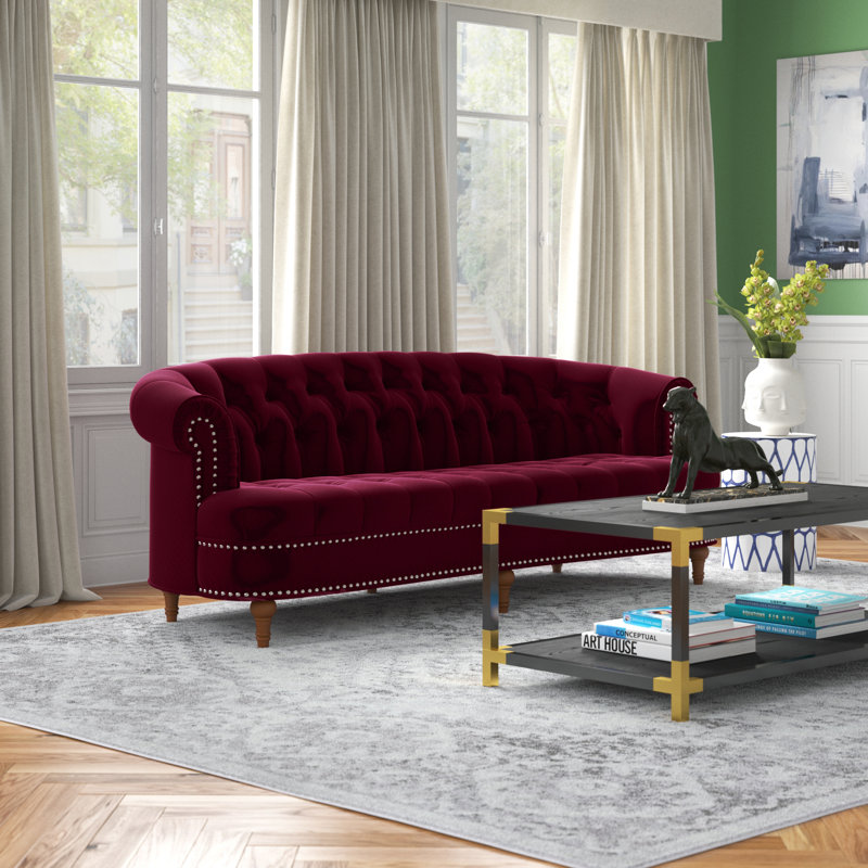 Joannes Velvet Rolled Arm Chesterfield, Burgundy, 32" H x 83.5" W x 38" D