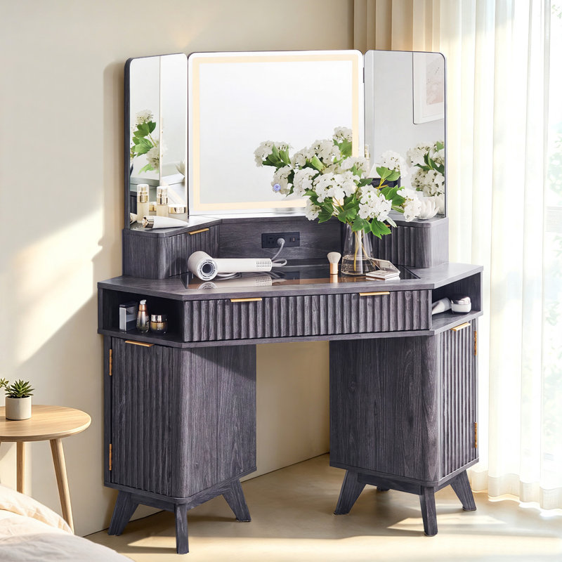 Meuble-lavabo de coin cannelé l 47,3 po, Aulne gris foncé