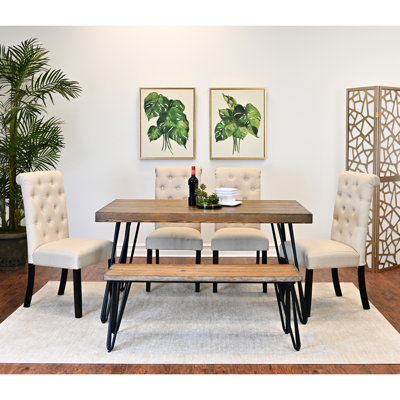 Exquise 6: table en épingle à cheveux, 4 chaises, banc, configuration rustique Delight: banc rectangulaire