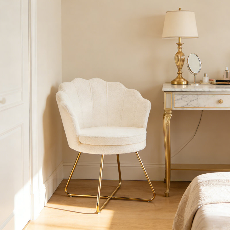Focht Upholstered Papasan Chair with Gold Metal Legs, White Terry Cloth