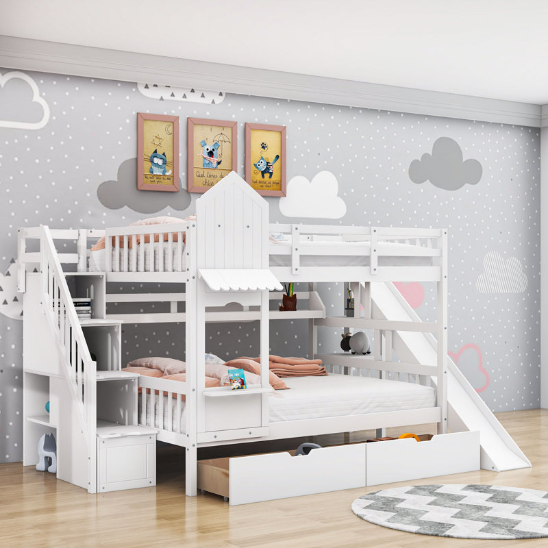 Lit superposé pour enfants avec 2 tiroirs, tablettes et glissoire, Double sur double, Blanc