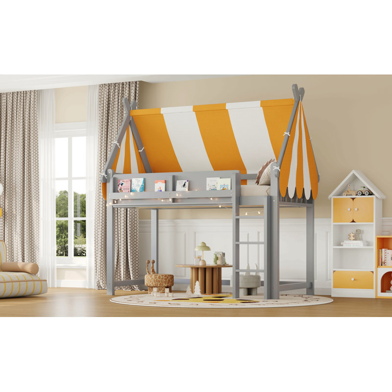 Loft Bed With Canopy, Led Lights & Book Shelf, Gray, Twin, Gray