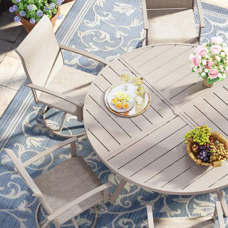 7-Pieces Round Patio Dining Set With Swivel PVC-coated polyester Chairs, Sandshell