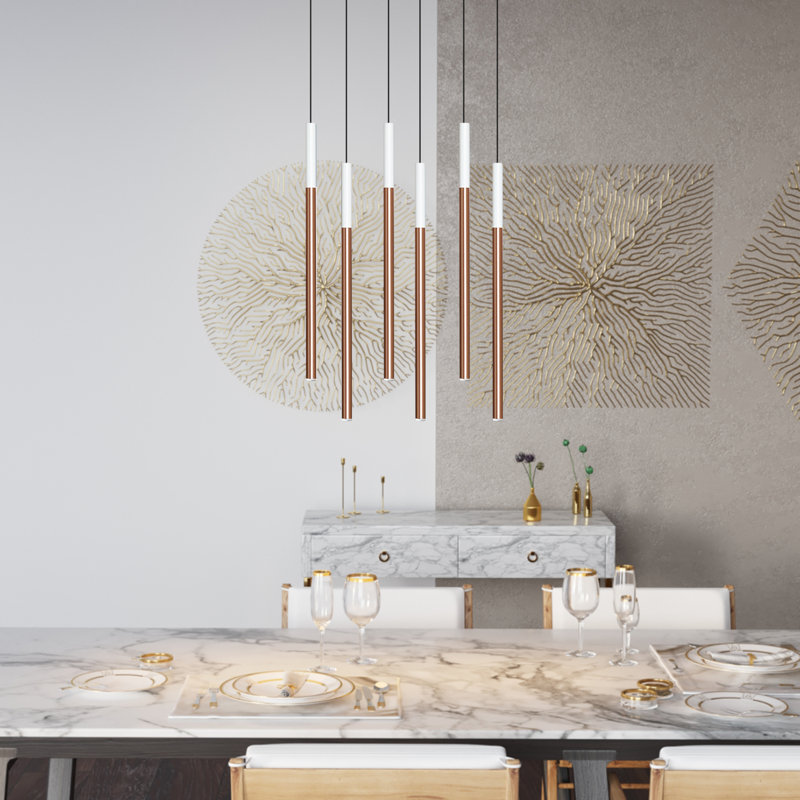 Luminaire suspendu linéaire à 6 lumières pour îlot de cuisine Baileyton, Plateau blanc / cuivre brossé