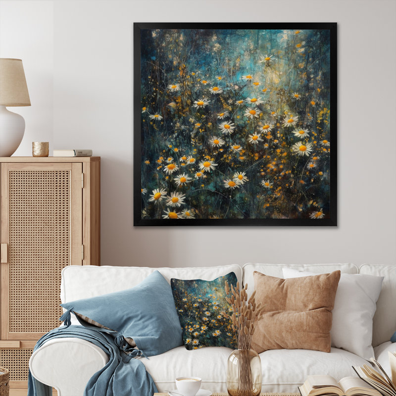 Fusion de marguerites jaunes et grises sur toile, H 24 po x l 24 po x P 1 po, Cadre simple noir
