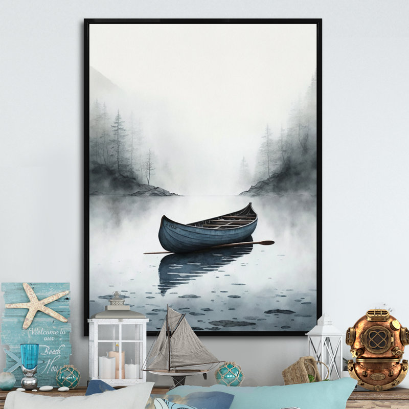 Canot sur le lac I - art mural grand bateau côtier, H 32 po x l 24 po, Cadre flottant noir