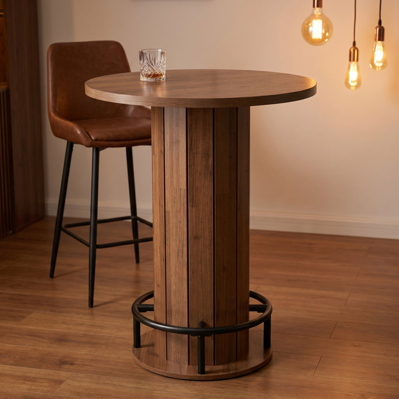 Table de bar 39,4 po, table bistro ronde avec repose-pieds en métal, table unique, Noyer brun