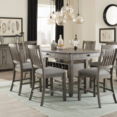Ensemble de salle à manger 7 pièces de style classique avec table à hauteur de comptoir, tiroirs, support à vin et 6 chaises pour un ensemble de table à manger élégant