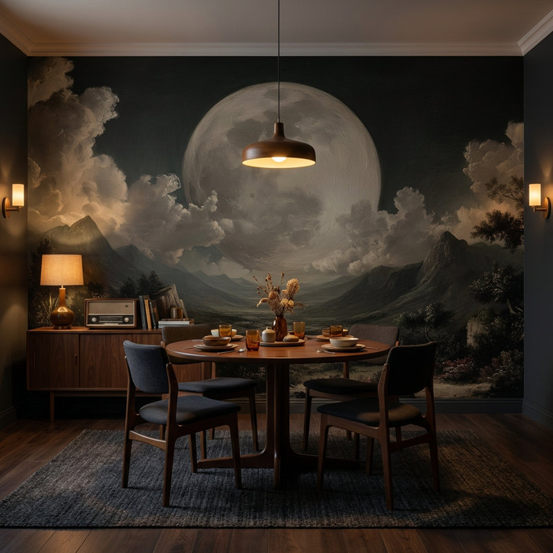 Lune, paysage, montagnes, montagnes, nuage amovible, mur, double rouleau, Non tissé, 200 po x 120 po