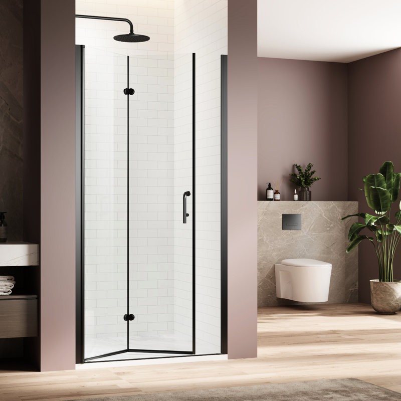 Porte de douche à double vitrage Swing, l 34 po x H 72 po, réglable avec verre trempé transparent de 1/4 po, matériel noir mat, peu encombrant, idéal pour les petites salles de bain, fermeture magnétique imperméable,