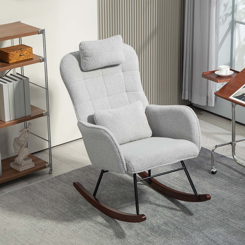 Chaise berçante rembourrée avec appui-tête et coussin en bois, chaise berçante moderne à haut dossier Boucle, structure en acier et base en bois de hêtre