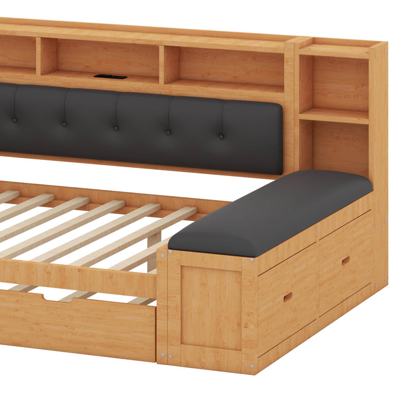 Full Size Daybed With Trundle & Storage, Wood L-Shaped Daybed Corner Bed With Upholstered Headboard, Bench, 2 Drawers, Bookcase