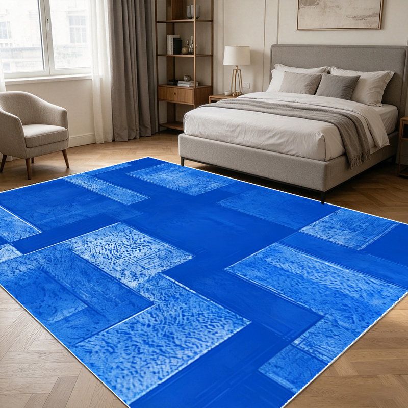 1PC geometric royal blue textured rectangular block pattern area rugs for Living Room, Soft and Comfortable, Suitable for all seasons, easy-to-maintain, machine washable Indoor floor mat, Under Table Farmhouse suitable for dining table, bedroom,