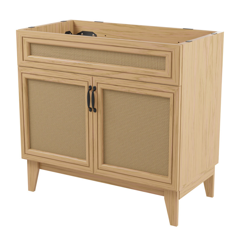 Base de meuble-lavabo autoportant en rotin de style bohémien à 2 tablettes Javer l 36 po x P 18 po x H 33 po (lavabo non inclus), chêne
