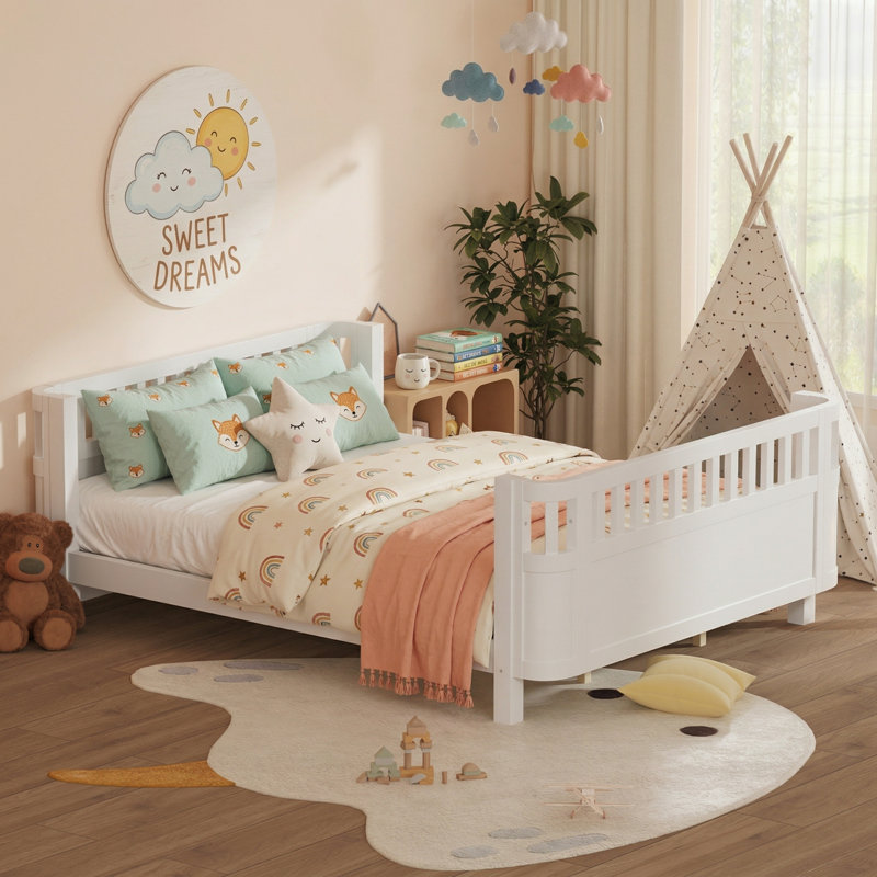 Lit plateforme pour enfant à profil bas avec rails de sécurité, base de lit pour tout-petit amovible, support à lattes de bois, blanc, grand