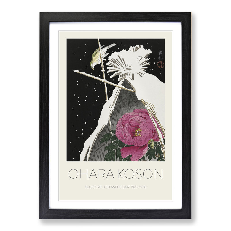 Siberian Bluechat Bird and Pink Peony - Picture Frame Painting, Black, 36cm H x 27cm W x 2cm D
