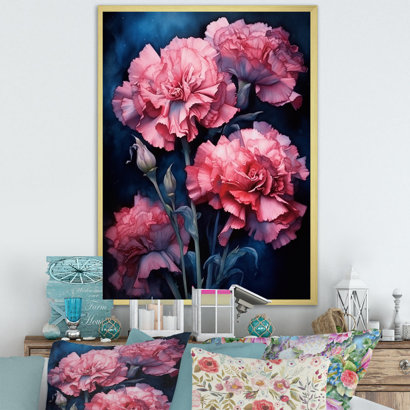 Œillets roses sur encre bleu marine - Œillets, impressions d'art mural, H 44 po x l 34 po x P 1,5 po, Cadre photo doré simple