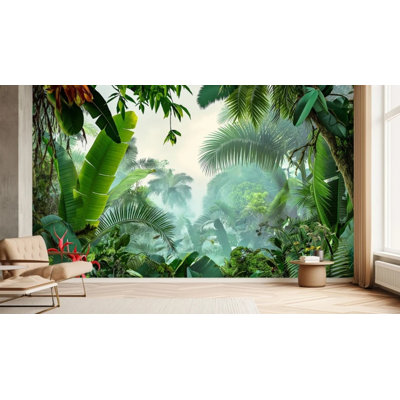 Lush Tropical Rainforest Wall Mural, Vibrant Green Banana Palm Foliage with Misty Jungle View, Dramatic Botanical Panoramic Wall Decor for Home Decor