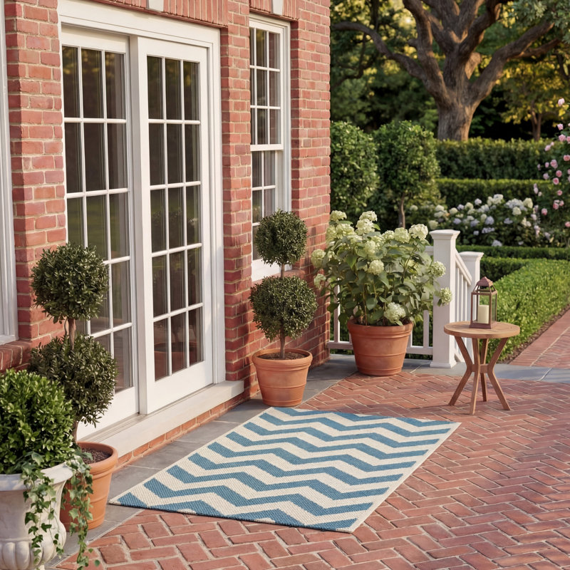 Arneshia Chevron Blue/Beige Indoor / Outdoor Area Indoor/Outdoor Area Rug, Rectangle 2' x 3'7"