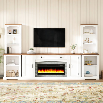 Meuble audio-vidéo 3 pièces avec foyer et rangement, aspect blanc, plusieurs tablettes pour foyer à couleur changeante, meuble télé, livres de rangement
