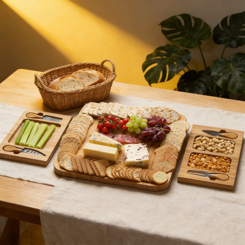 Natural Bamboo Cheese Board Set With Slate Plate & Knife Set