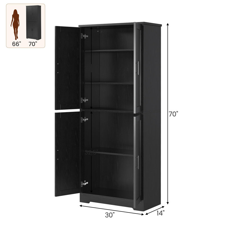 Armoire de cuisine, armoire de rangement autoportante avec portes et tablettes, Noir, noir, noir, noir