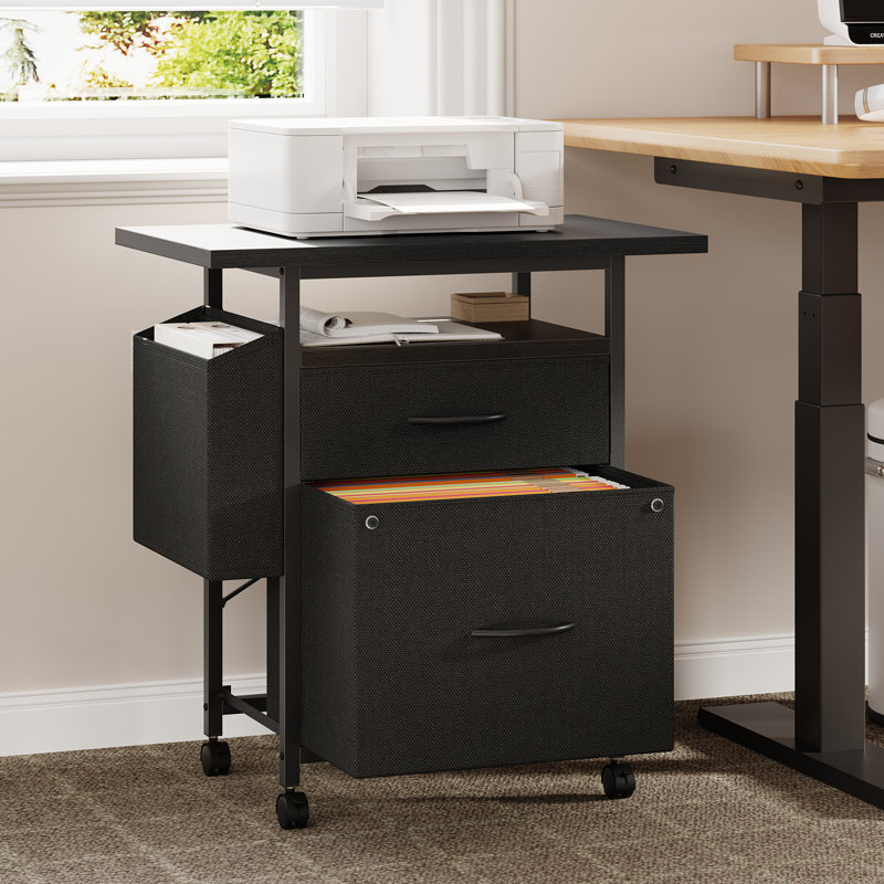 24" Wide 2-Drawer Mobile File Cabinet with Printer Stand and Side Pocket, Black