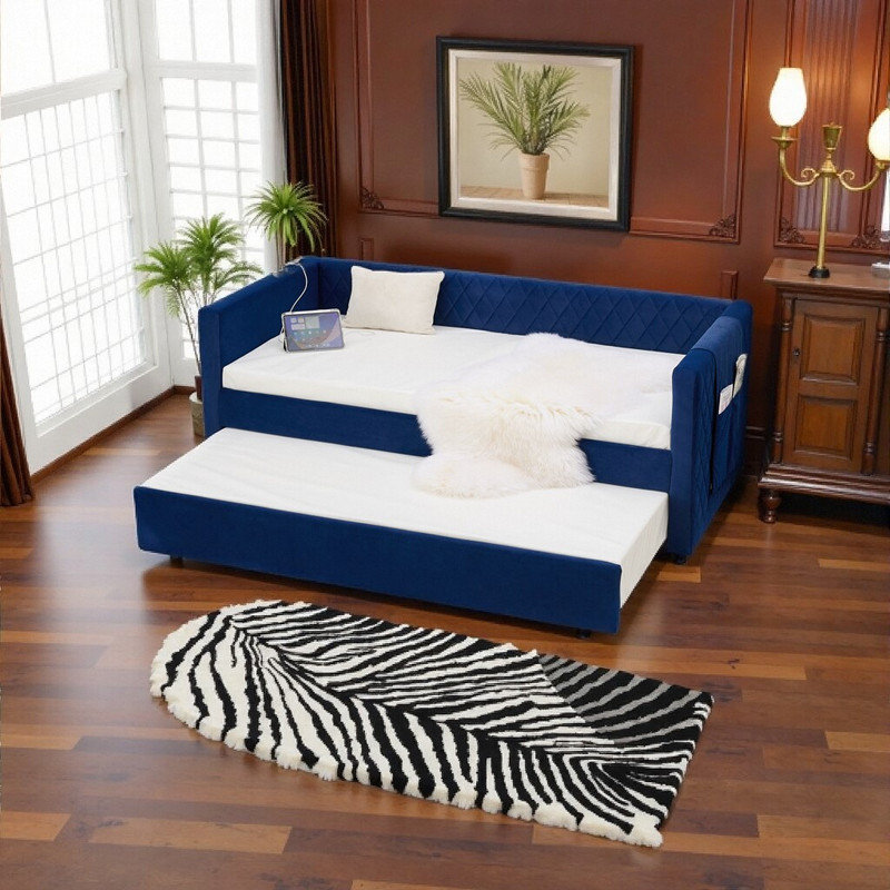Twin Size Velvet Daybed with Trundle, Modern Diamond Tufted Sleeper Sofa, Navy