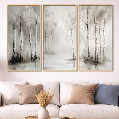 Winter Birch Tree Serenity – Gray Forest Framed Wall Art Set of 3