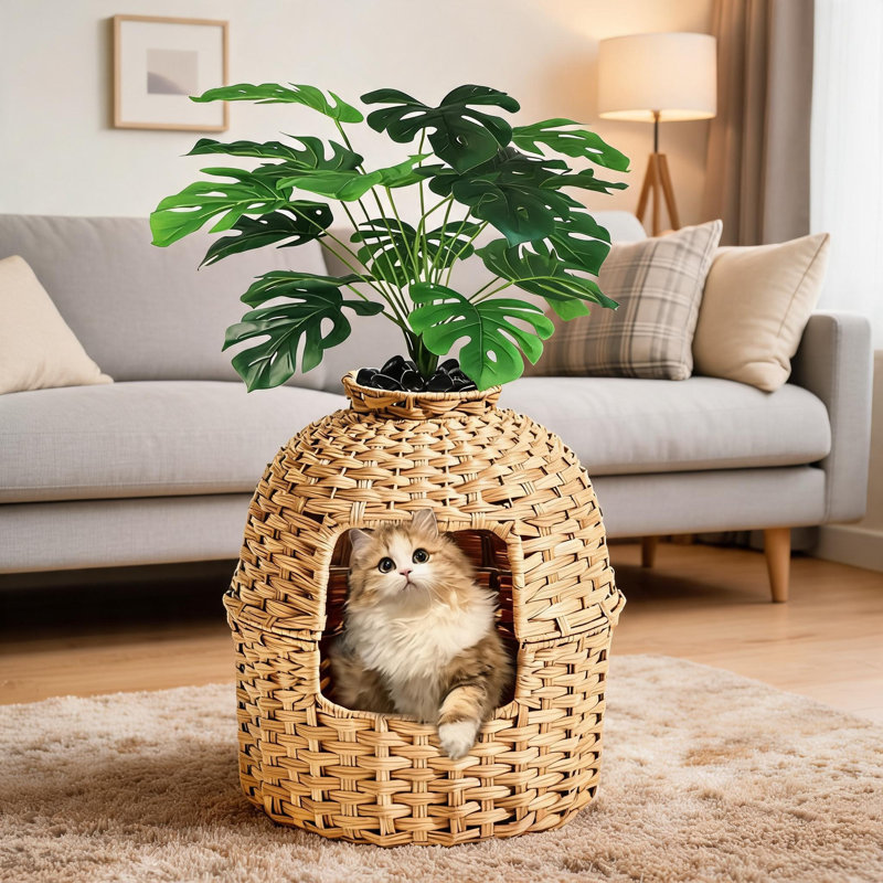 Lit pour chat rond en osier gris fer et osier, Beige
