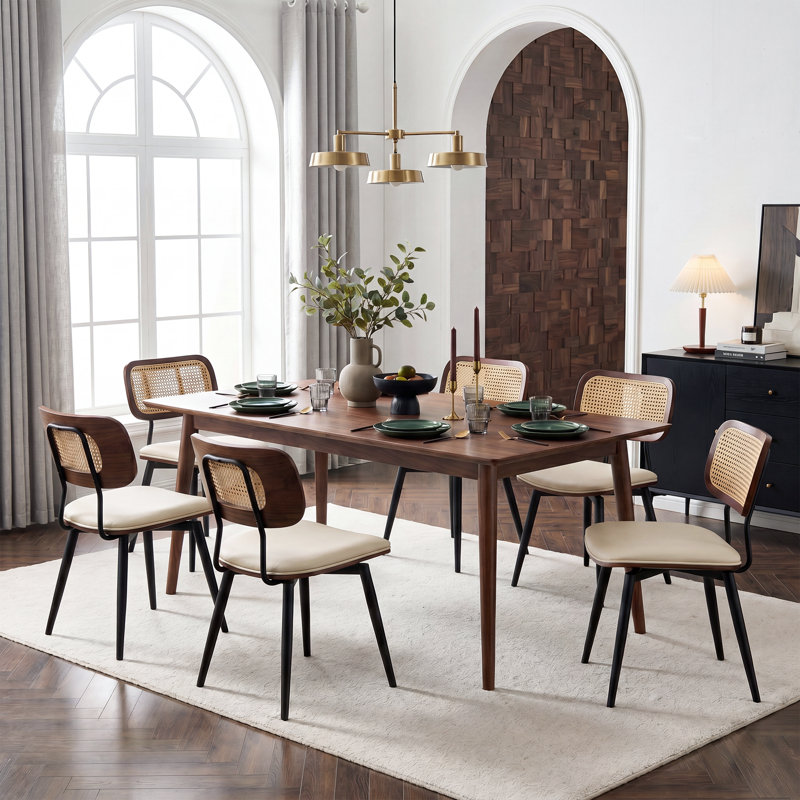 Modern Swivel Faux Leather Dining Chairs With Rattan Back, Beige, 6