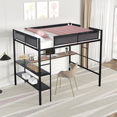 Lit mezzanine double en métal avec bureau et tablettes, structure robuste, lattes en bois sans bruit, garde-corps en polyester enduit de PVC, 2 échelles latérales, peu encombrant pour les adolescents