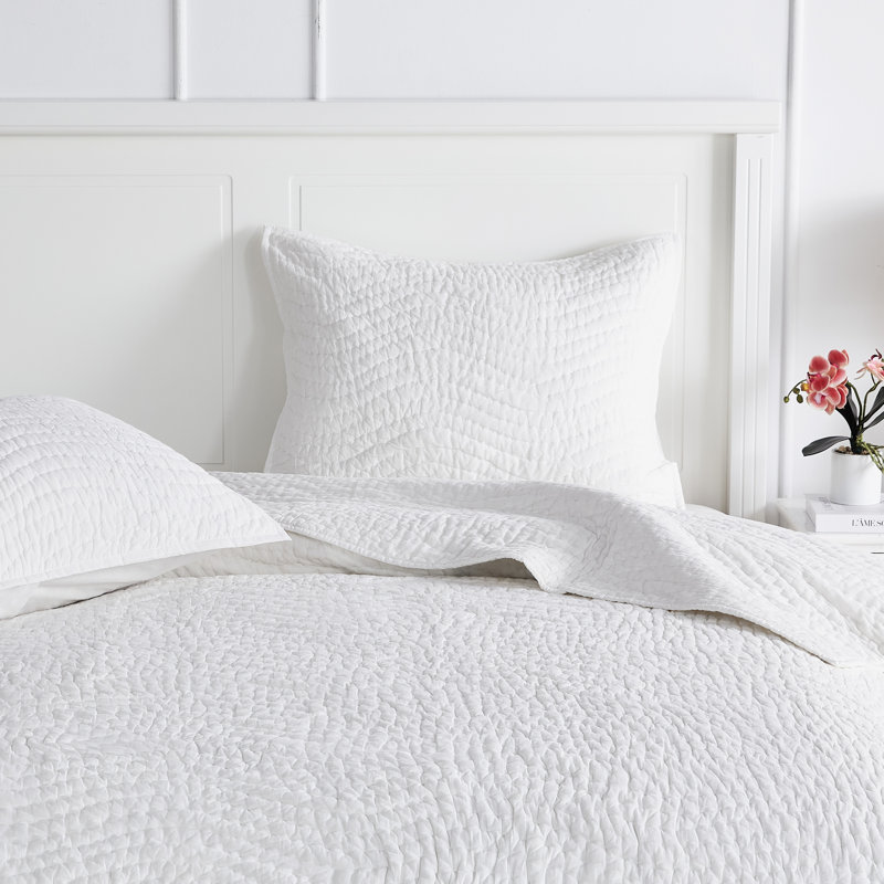 Cotton Wave Hand Stitch Quilt Set, Twin Quilt + 1 Standard Sham, White
