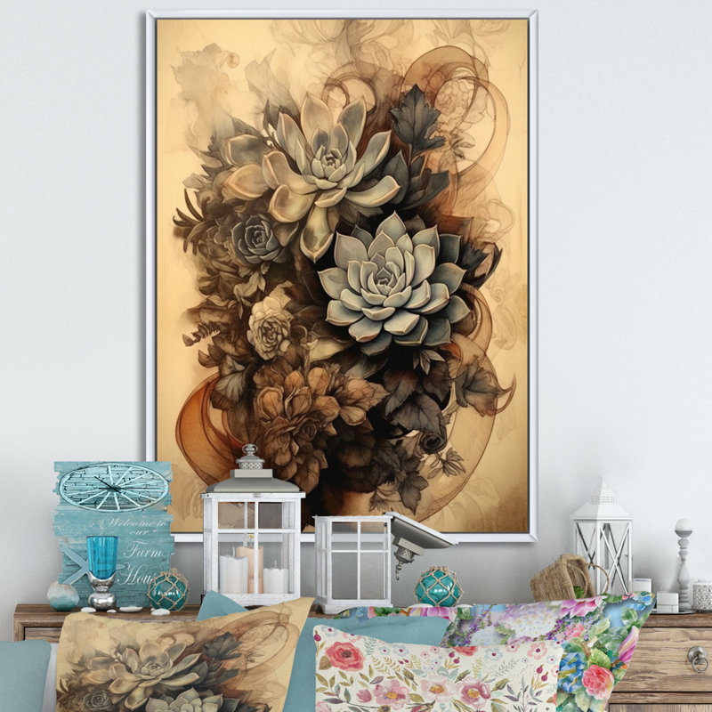 Gris, brun, résilience des plantes grasses, H 40 po x l 30 po x P 1,5 po, Cadre flottant blanc
