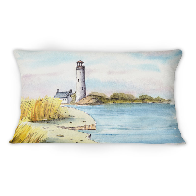 Phare sur un bord de mer lointain - Coussin décoratif imprimé nautique et côtier 1