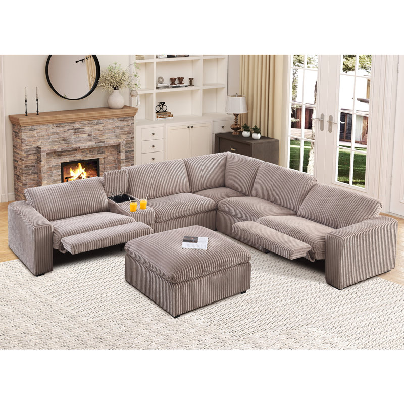 Annistyn 131.9" W 7-Piece Corduroy Power Reclining Sectional with Storage, Mushroom Taupe Corduroy