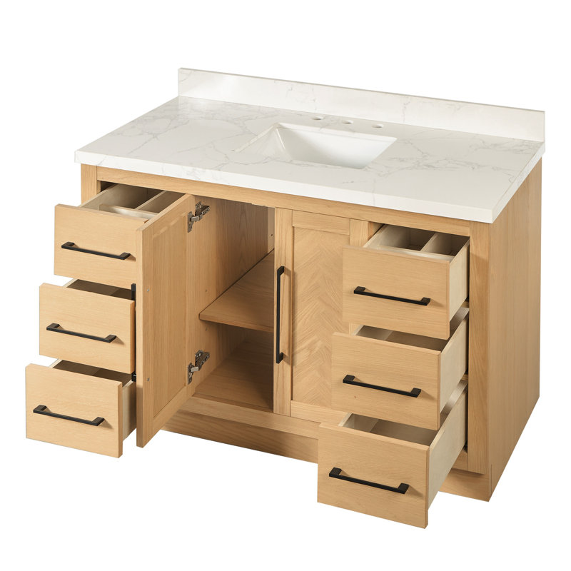 Meuble-lavabo autoportant moderne Zena de 48 po avec lavabo simple certifié CUPC, comptoir en marbre Statuario, Light Brown