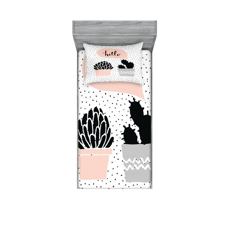 Drap-housse et coussin décoratif Ambesonne Cactus, rosé / gris, Ensemble de draps-housses pour lit simple + 2 taie