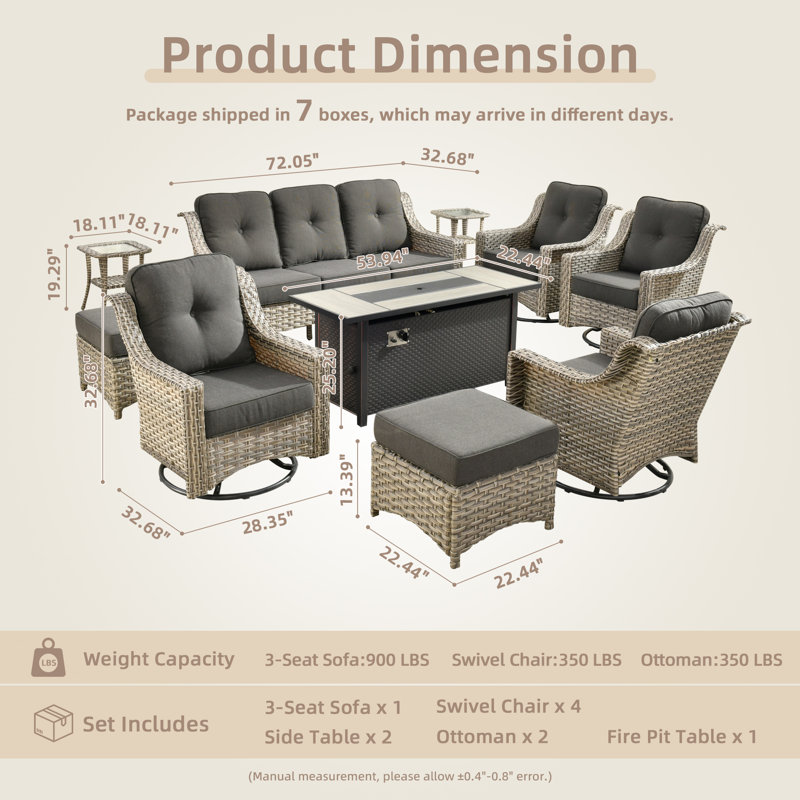10 Pieces Patio Furniture Set With 53" Fire Pit Table, Outdoor Wicker Swivel Rocking Chairs With Comfy Cushions, All-weather High Back Sofa Couch Set For Backyard Or Lawn