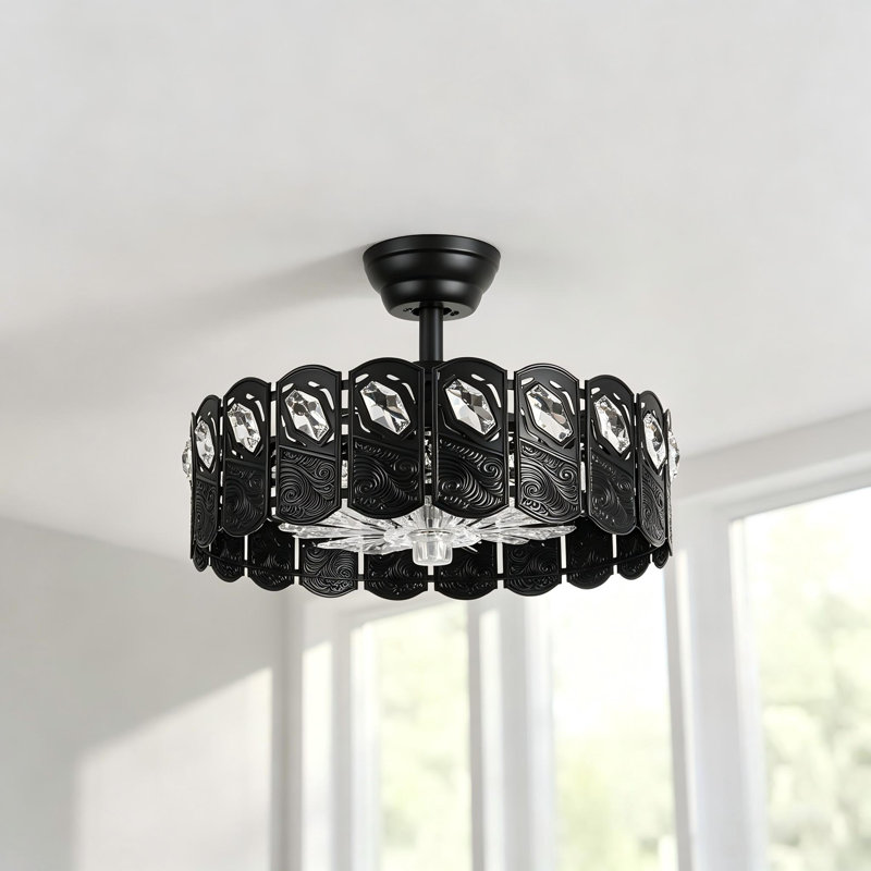 Ventilateur de plafond moderne 4 lumières 18 "noir avec cristal K9 de qualité supérieure, moteur CC réversible et télécommande